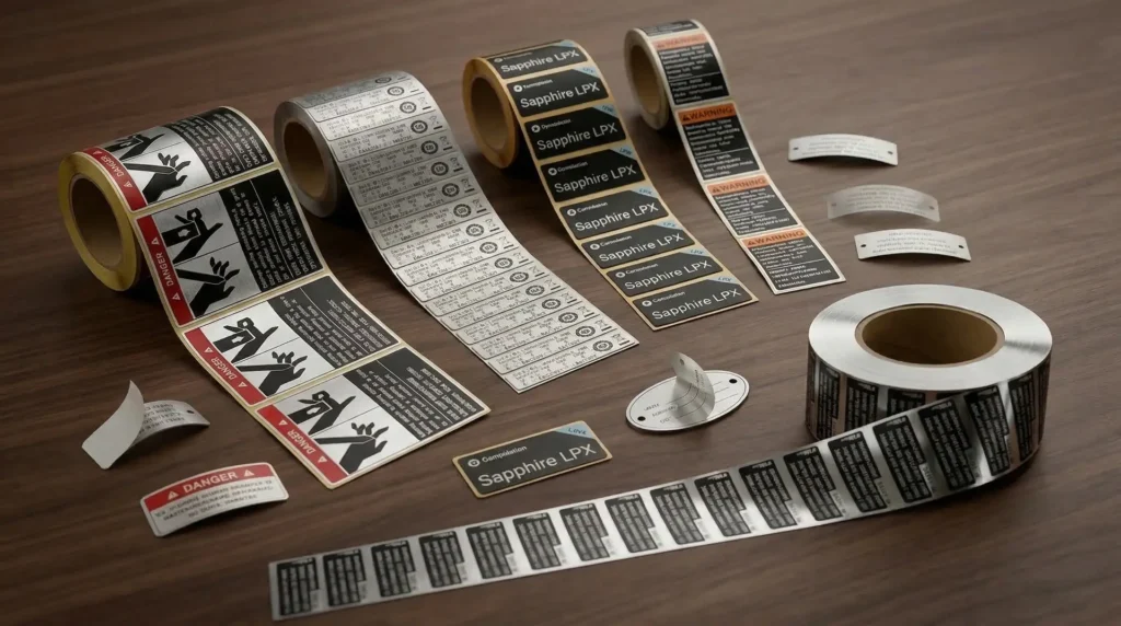 Verschiedene Typenschild-Etikettenrollen mit Warnzeichen und Sapphire LPX-Aufschriften auf Holztisch