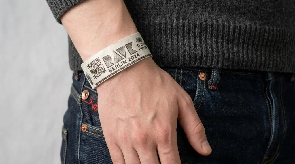 Weißes Tyvek-Armband mit Aufdruck BERLIN 2024 und QR-Code am Handgelenk – Veranstaltungs-Etikett