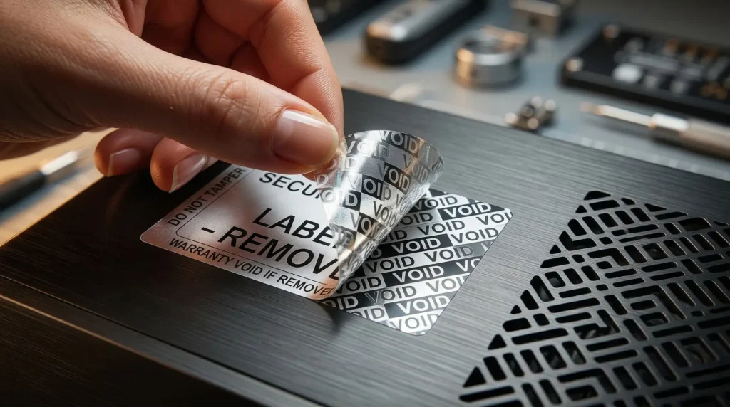 Hand löst silbernes VOID-Sicherheitsetikett von schwarzem Gerät – Manipulationsschutz Garantiesiegel