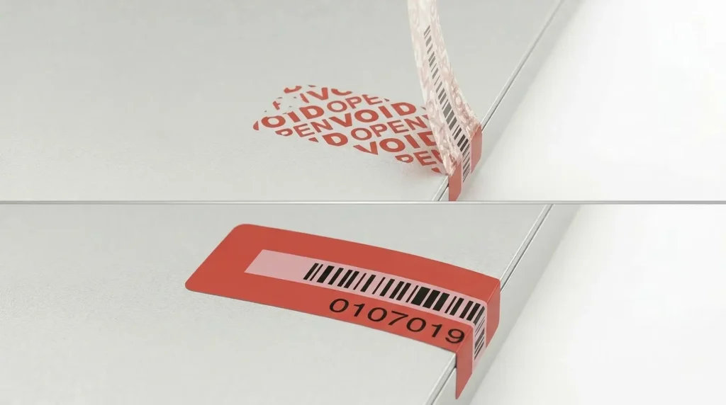 Rotes VOID-Etikett beim Ablösen zeigt Manipulationsschutz-Muster – Sicherheits-Versiegeletikett