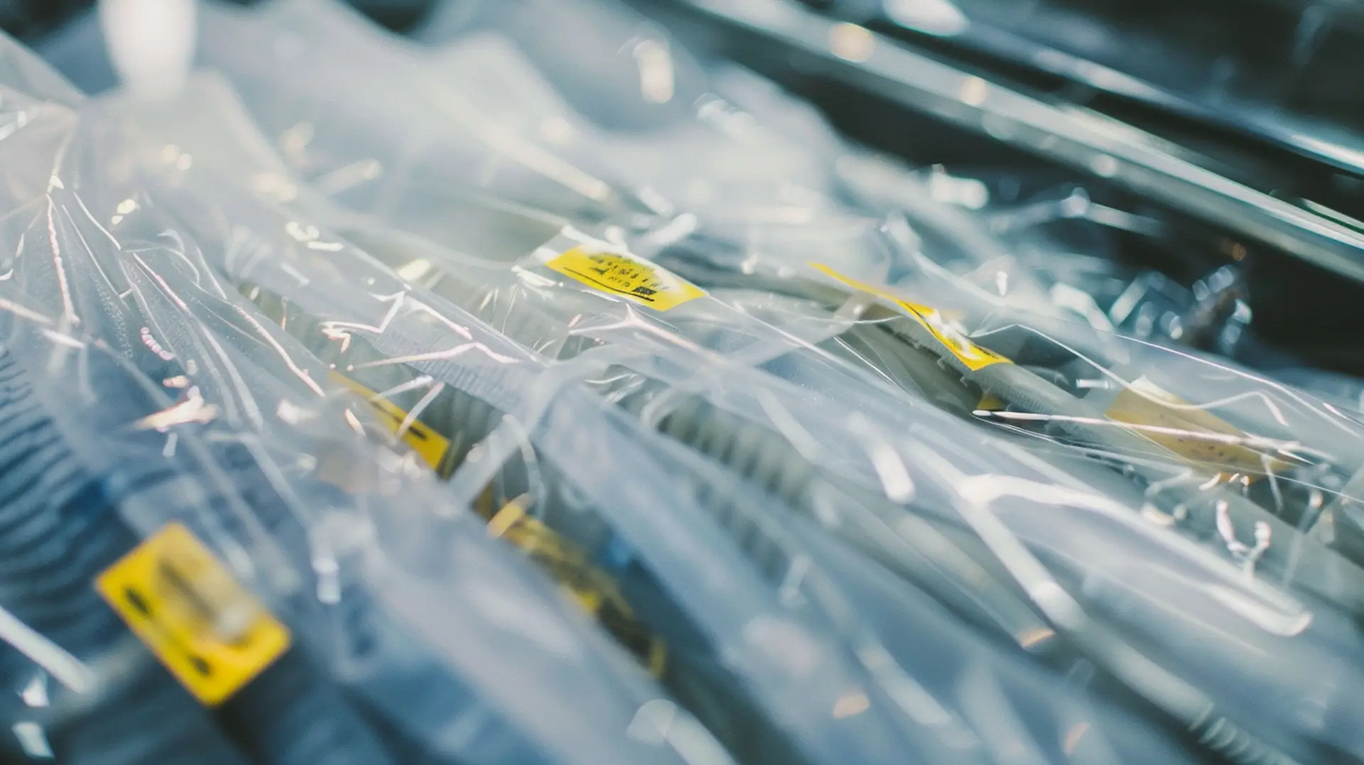 In Folie eingeschweißte Wäschestücke mit gelben Etiketten auf Förderband – Wäschereien Textilreinigung