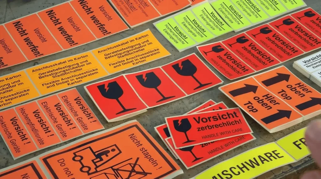 Bunte Warnetiketten mit Aufschriften Vorsicht, Nicht werfen, Zerbrechlich ausgebreitet auf Boden