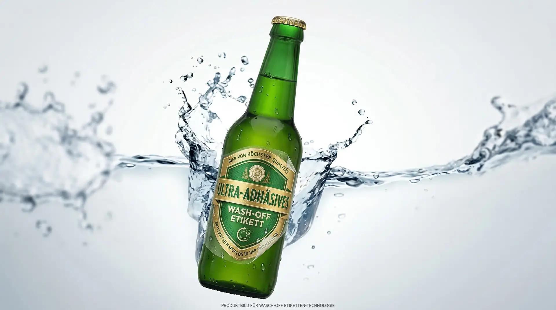 Grüne Bierflasche mit Wash-off-Etikett in Wasserspritzer – abwaschbare Etiketten Getränkeindustrie