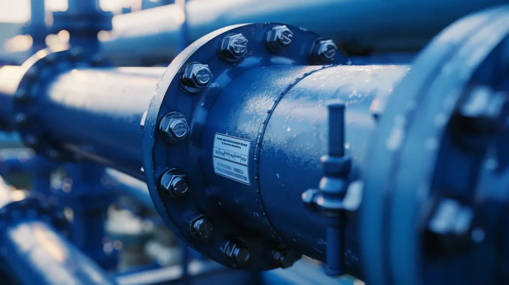 Blaue Industrierohre mit weißem Typenschild und Flanschverbindung – Etiketten Wasserversorgung