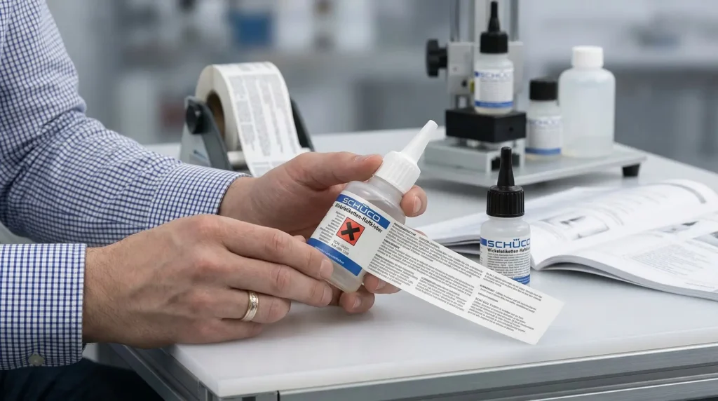 Person hält Chemikalienflasche mit Gefahrsymbol-Wickeletikett im Labor – Etiketten für Chemikalien