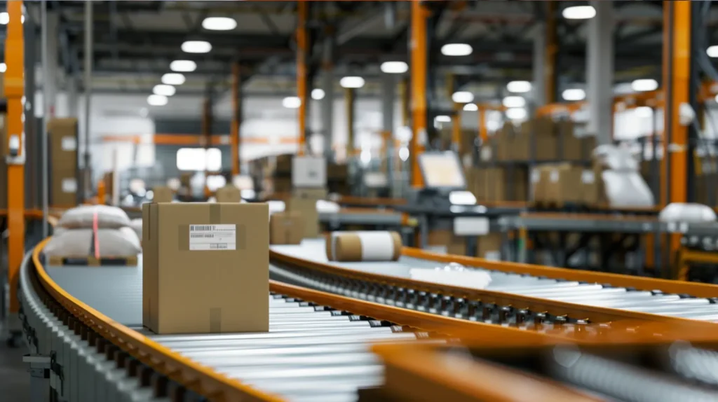 Paket mit Versandetikett auf orangenem Förderband in Logistikzentrum für Einzelhandel und E-Commerce