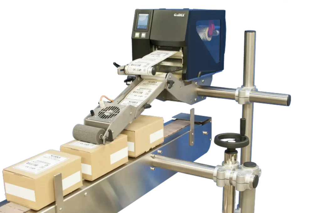 GoDEX AG2000-ZX Print-&-Apply-System mit ZX-Drucker am Förderband in Dunkelgrau-Schwarz