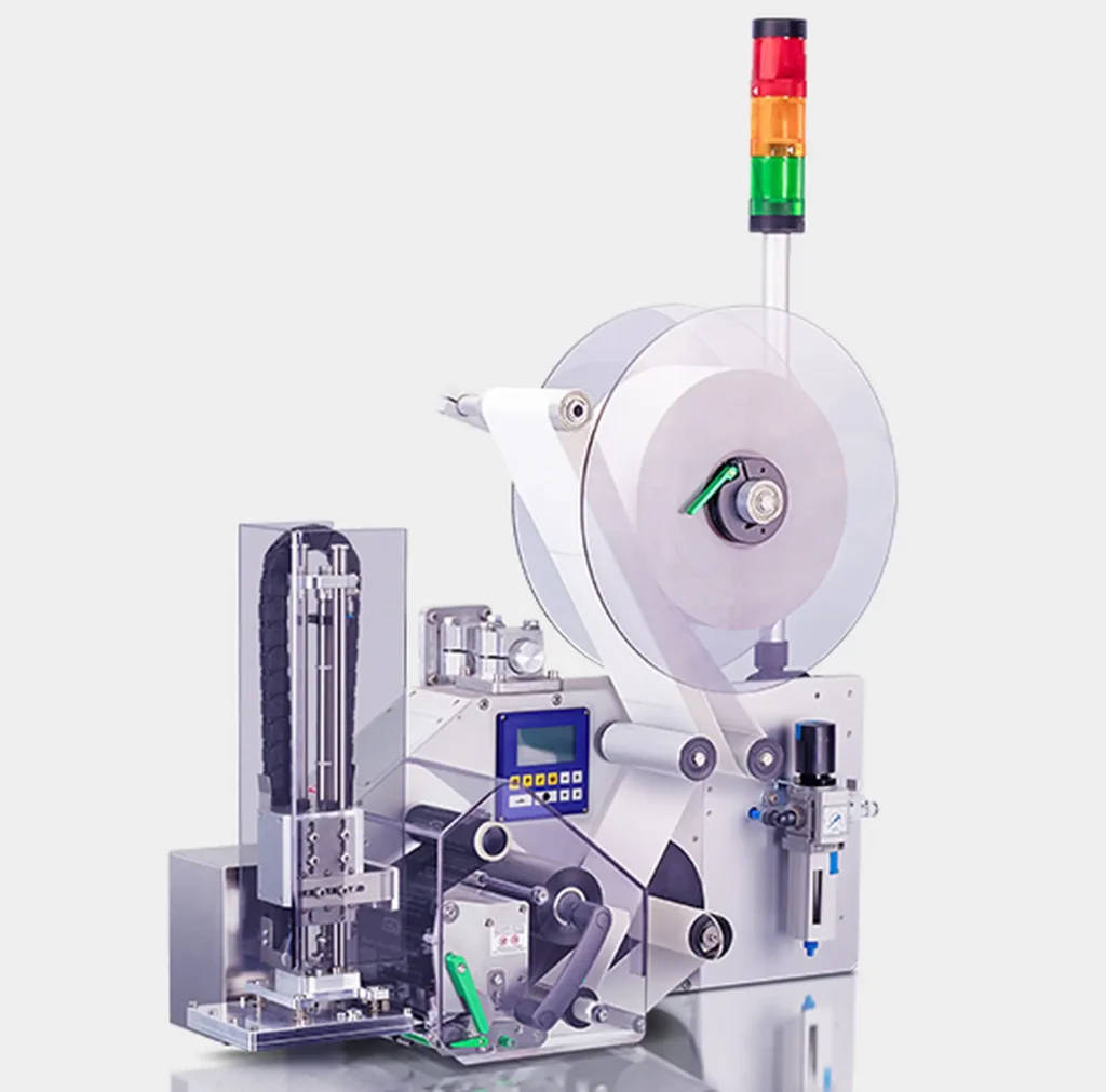 Carl Valentin APX V Pneumatik-Applikator mit ILX V Druckmodul und Signalleuchte in Silbergrau