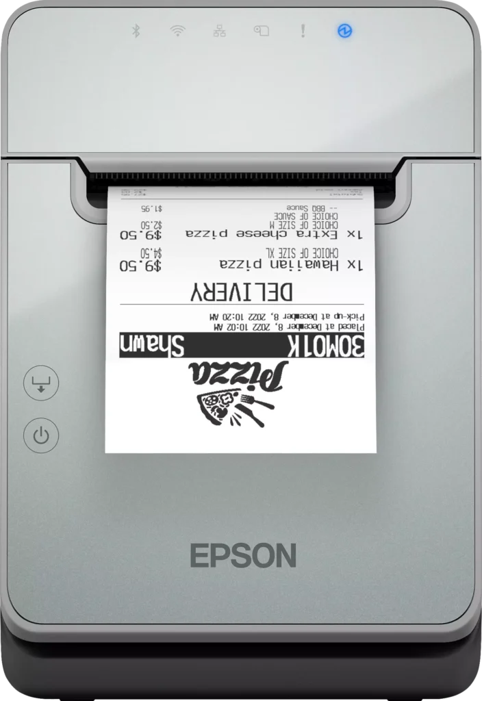 Hellgrauer Epson TM-L100 (103) kompakter POS-Etikettendrucker mit USB, Ethernet und Seriell auf weissem Hintergrund