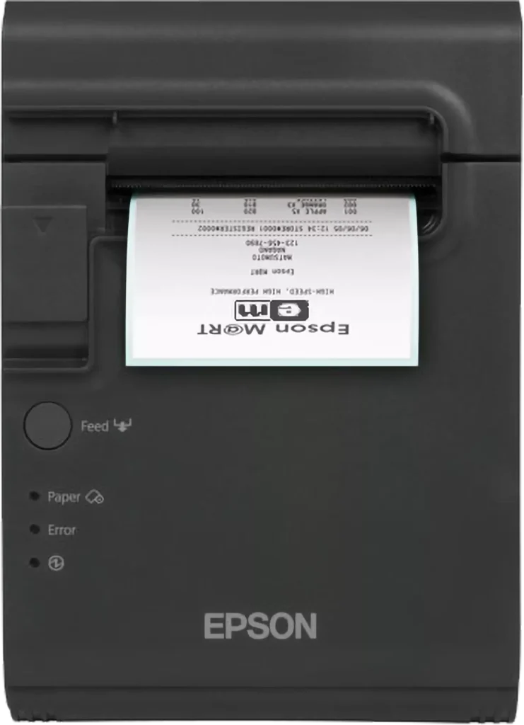 Dunkelgrauer Epson TM-L90 (412) kompakter POS-Etikettendrucker mit USB und Seriell auf weissem Hintergrund