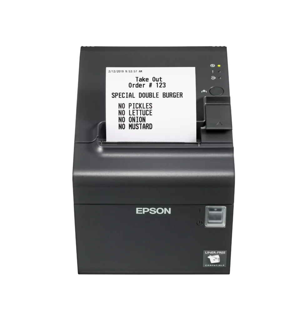 Dunkelgrauer Epson TM-L90LF (682) traegerfreier POS-Etikettendrucker mit USB und Seriell auf weissem Hintergrund