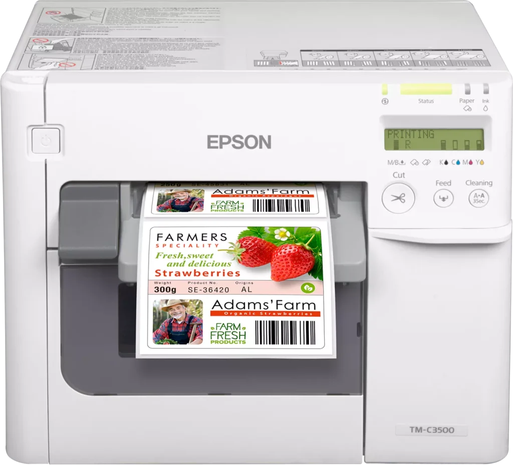 Weisser Epson ColorWorks C3500 Desktop-Farbetikettendrucker mit LCD-Display und ausgegebenen Farb-Lebensmitteletiketten