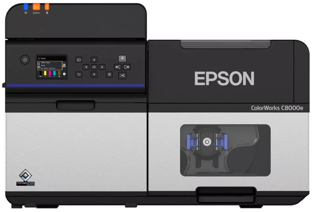 Schwarz-silberner Epson ColorWorks C8000e Hochleistungs-Farbetikettendrucker mit permanentem Druckkopf