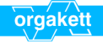 Logo orgakett in Weiß auf türkisem Hintergrund mit Sechseck-Emblem
